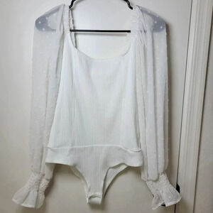 Promesa White Ribbed Eyelet Bodysuit | Size Small | NWOT | Longsleeve Bodysuit